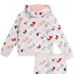 067.FILA Girls 2pc Allover Print Fleece Jogger Set Size 5/6 white hoodie joggers